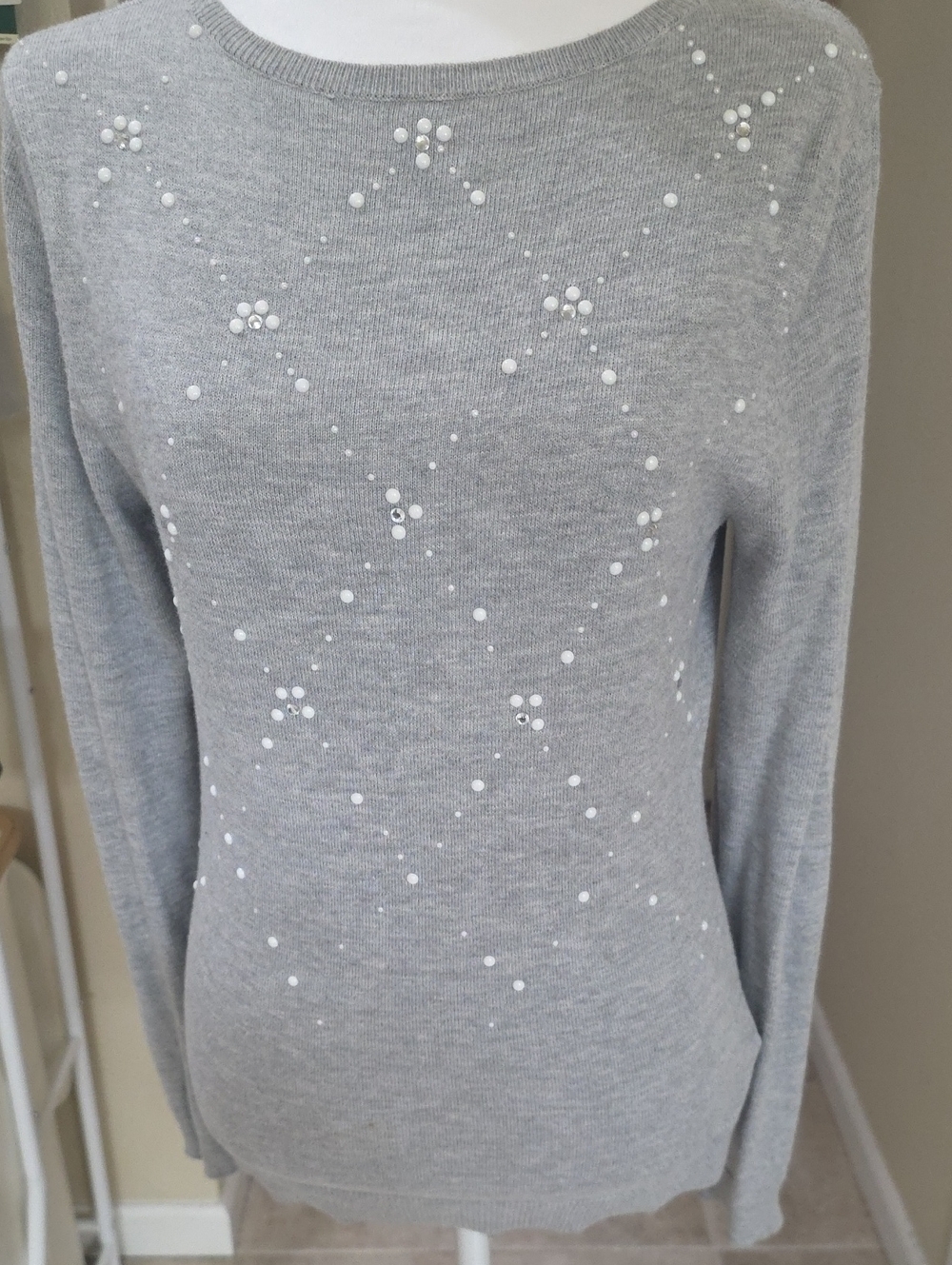 Elle Gray Crewneck Sweater with Pearl Accents
